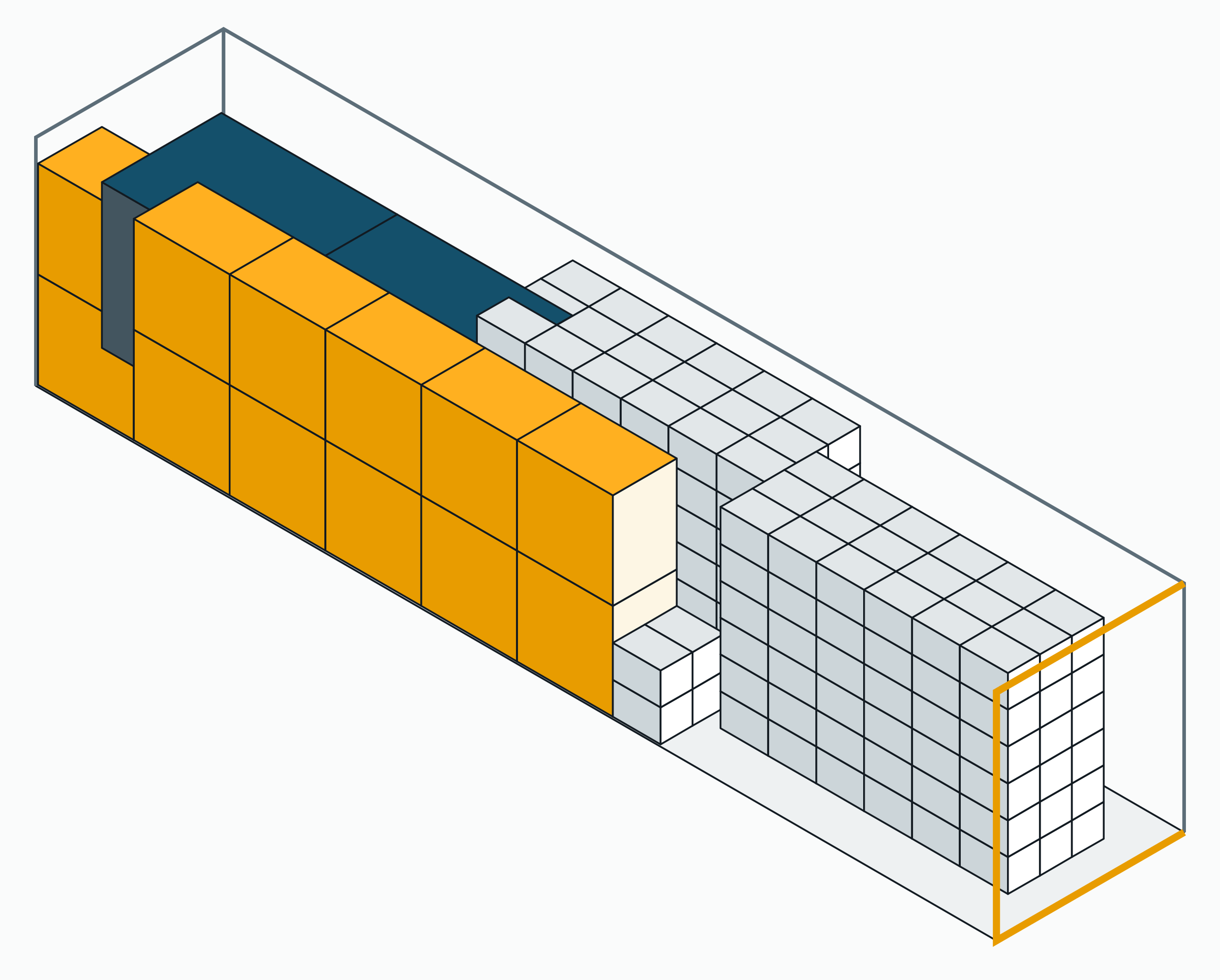 Dibujo isométrico de un plan de carga: dos máquinas en cajas que no admiten nada encima, palets EUR a dos alturas y cajas alrededor; 234 piezas ocupan el 61 % de un 40 pies high cube, centro de gravedad a 16,9 % del centro.