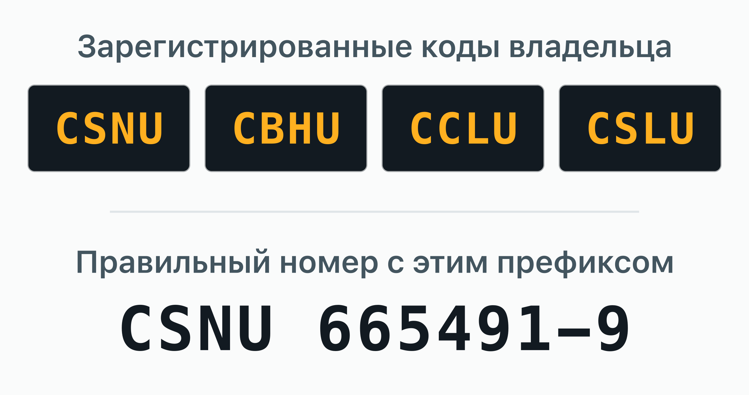 4 кода владельца BIC, зарегистрированных за COSCO Shipping Lines — CSNU, CBHU, CCLU, CSLU, — показаны дверными табличками.