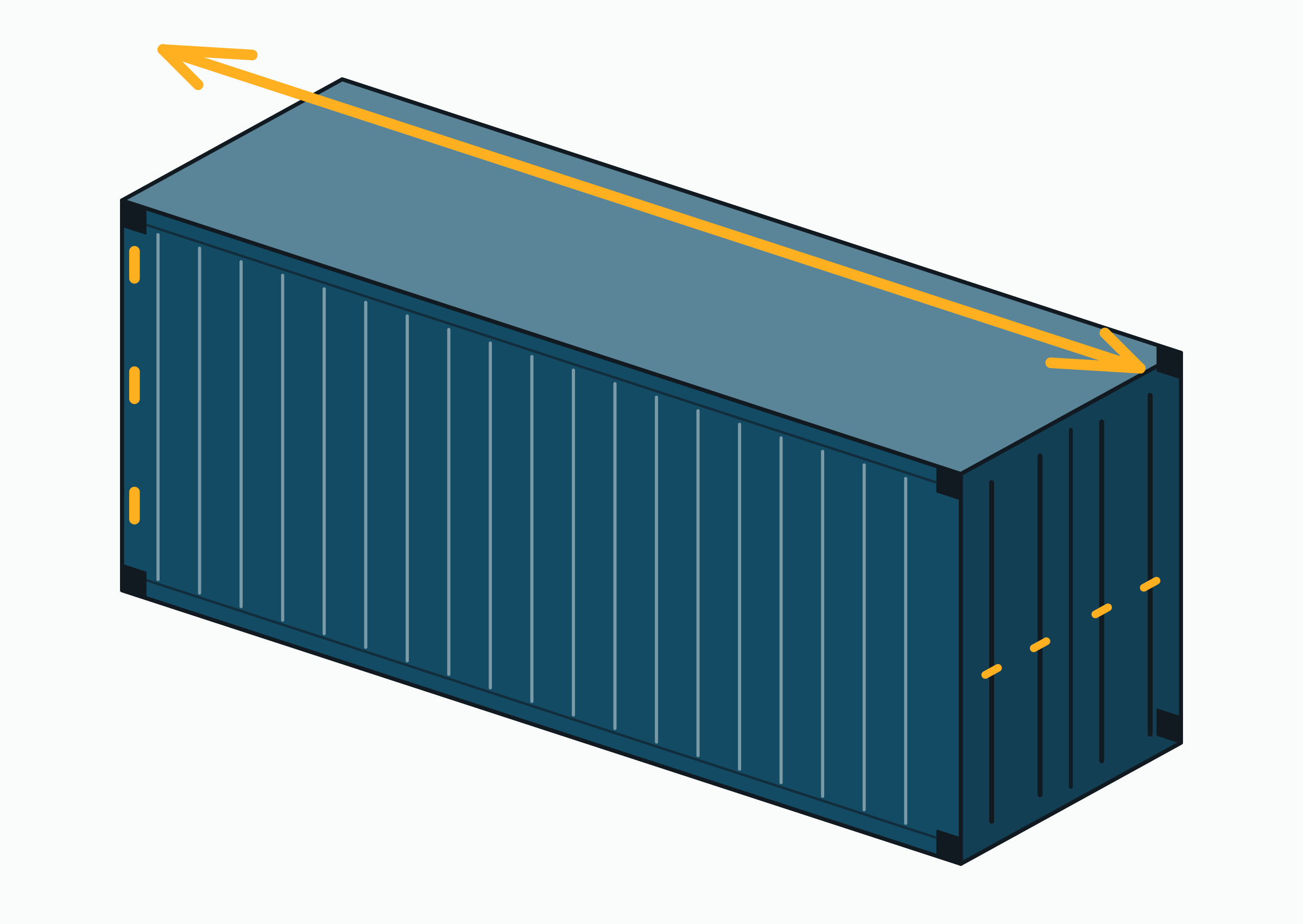 Dessin isométrique d’un conteneur double porte : une caisse dry avec des portes aux deux extrémités et une flèche qui la traverse.