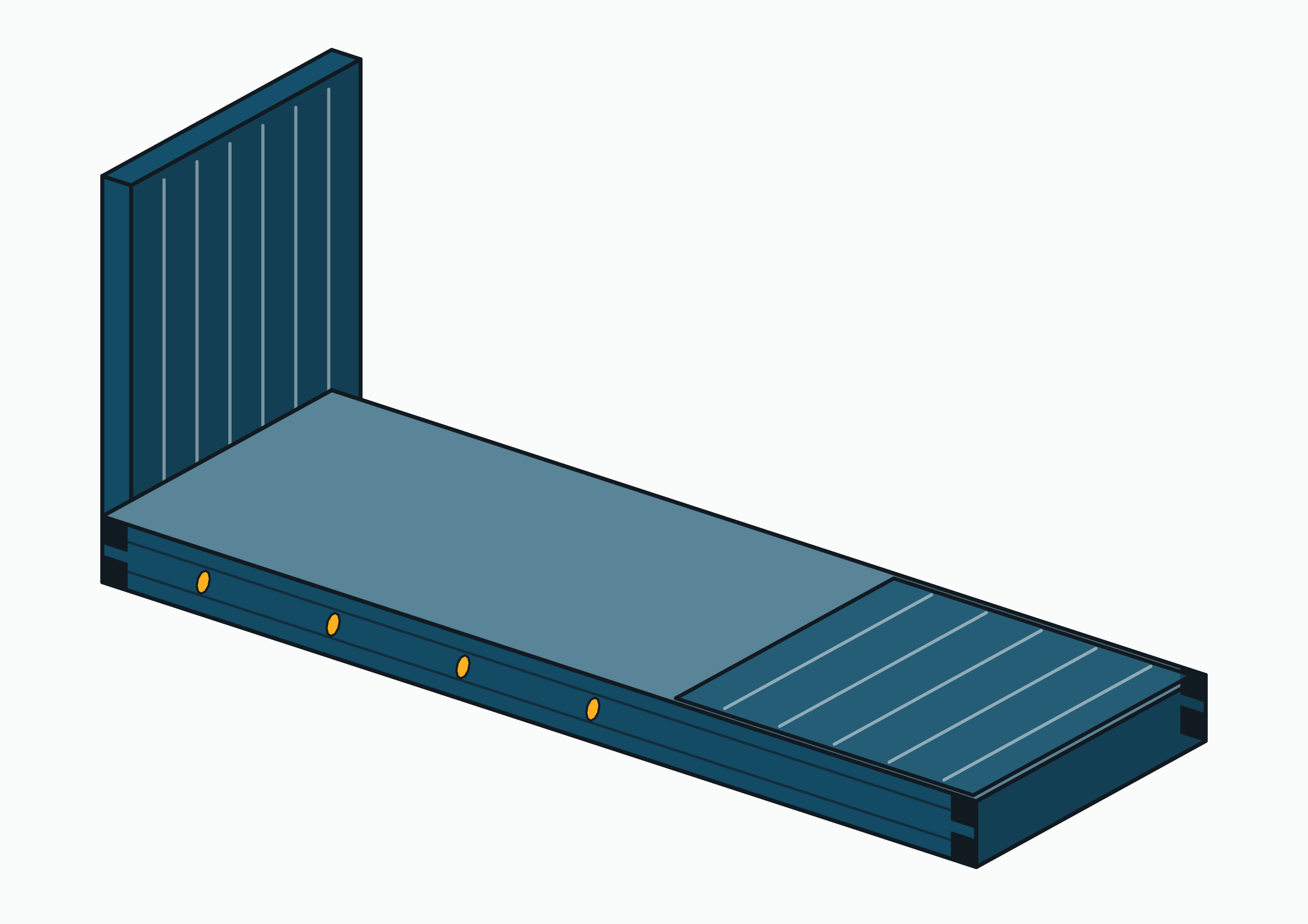 Dessin isométrique d’un flat rack : un plancher lourd à parois d’extrémité, sans toit ni côtés, une paroi rabattue.