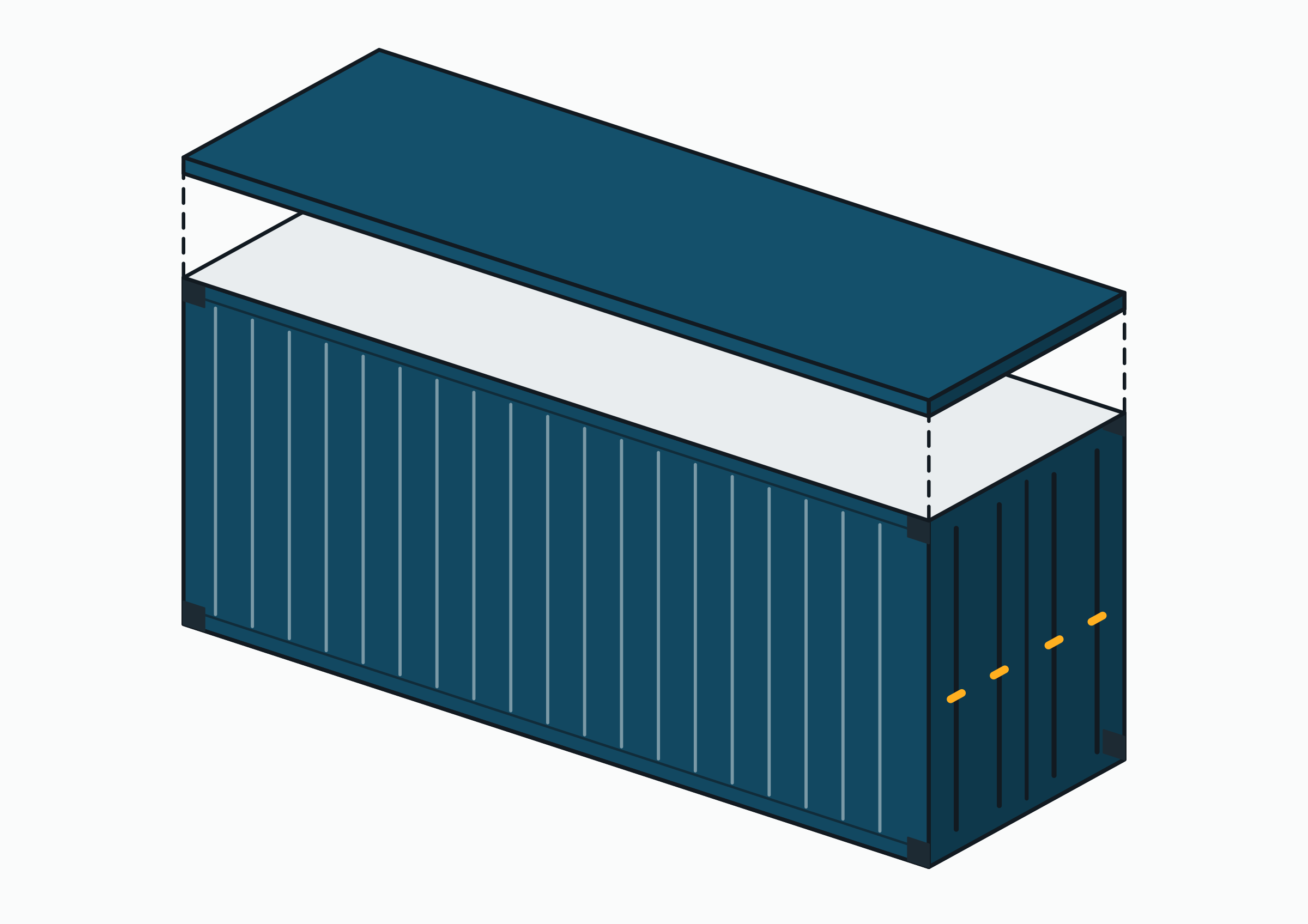 Drawing of a hard top container: a box with its steel roof panel lifted clear above it.