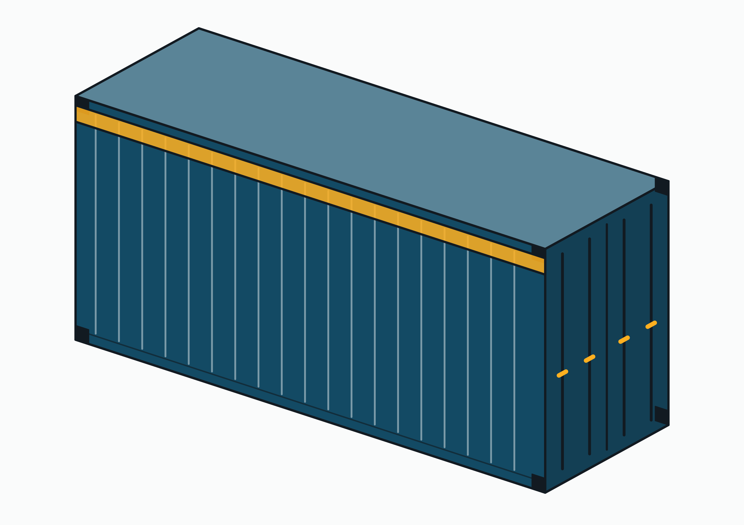 Dessin isométrique d’un high cube : une caisse dry plus haute d’un pied, la traverse supérieure marquée en jaune.