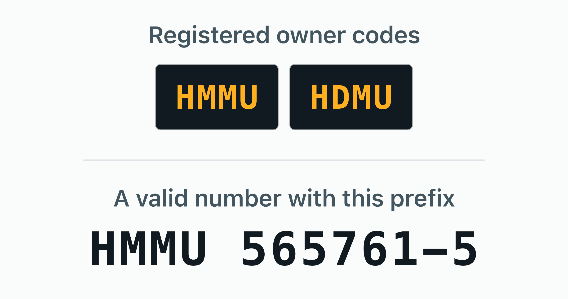 The 2 BIC owner codes registered to HMM — HMMU, HDMU — shown as door plates.