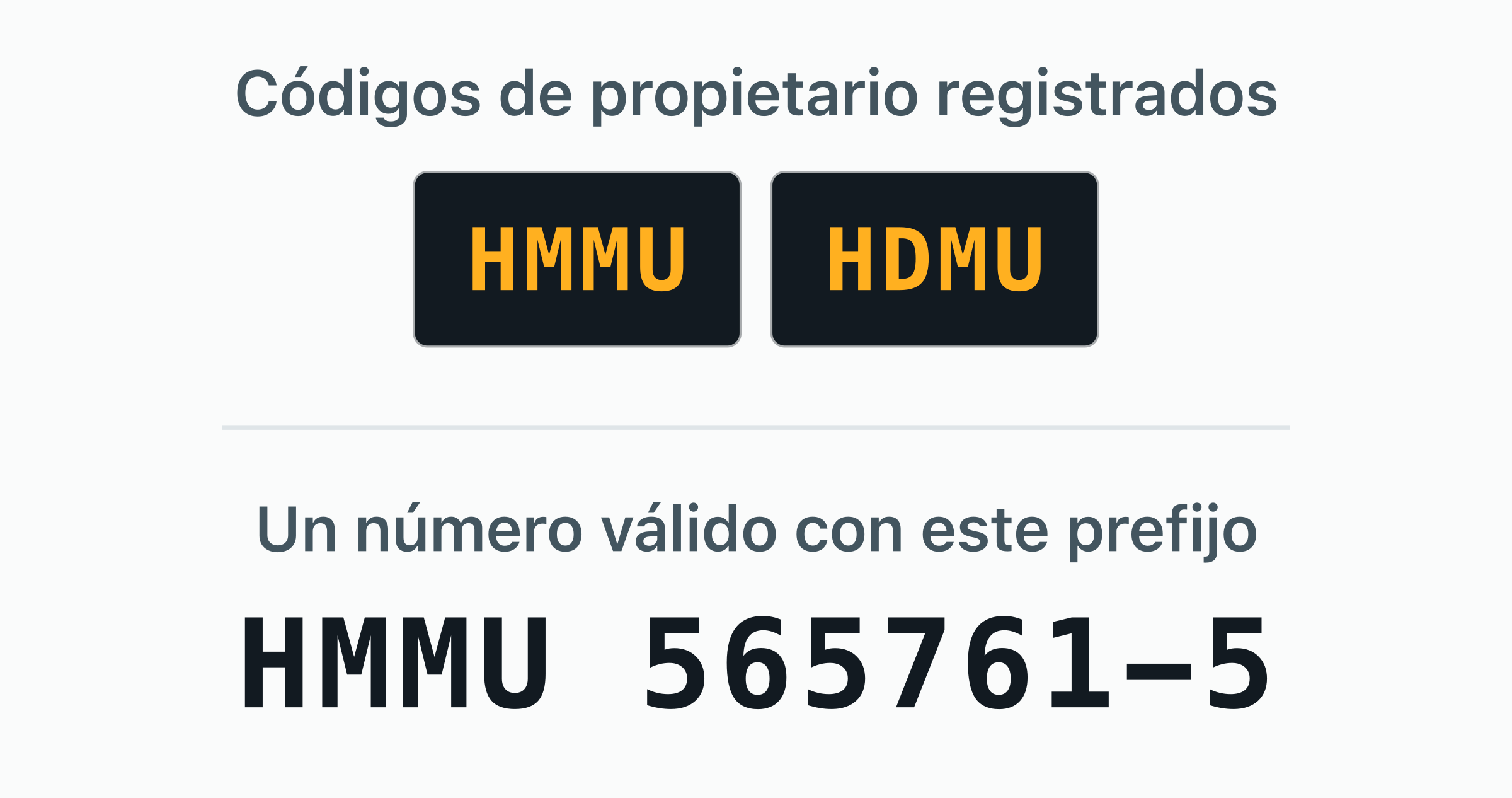 Los 2 códigos de propietario BIC registrados a nombre de HMM — HMMU, HDMU — como placas de puerta.