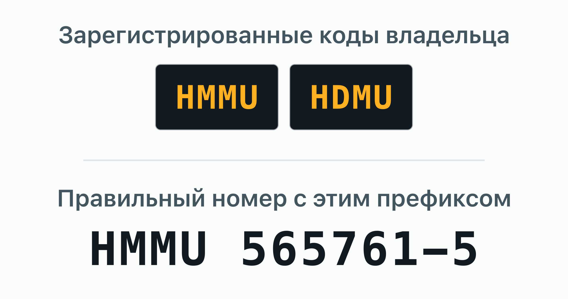 2 кода владельца BIC, зарегистрированных за HMM — HMMU, HDMU, — показаны дверными табличками.
