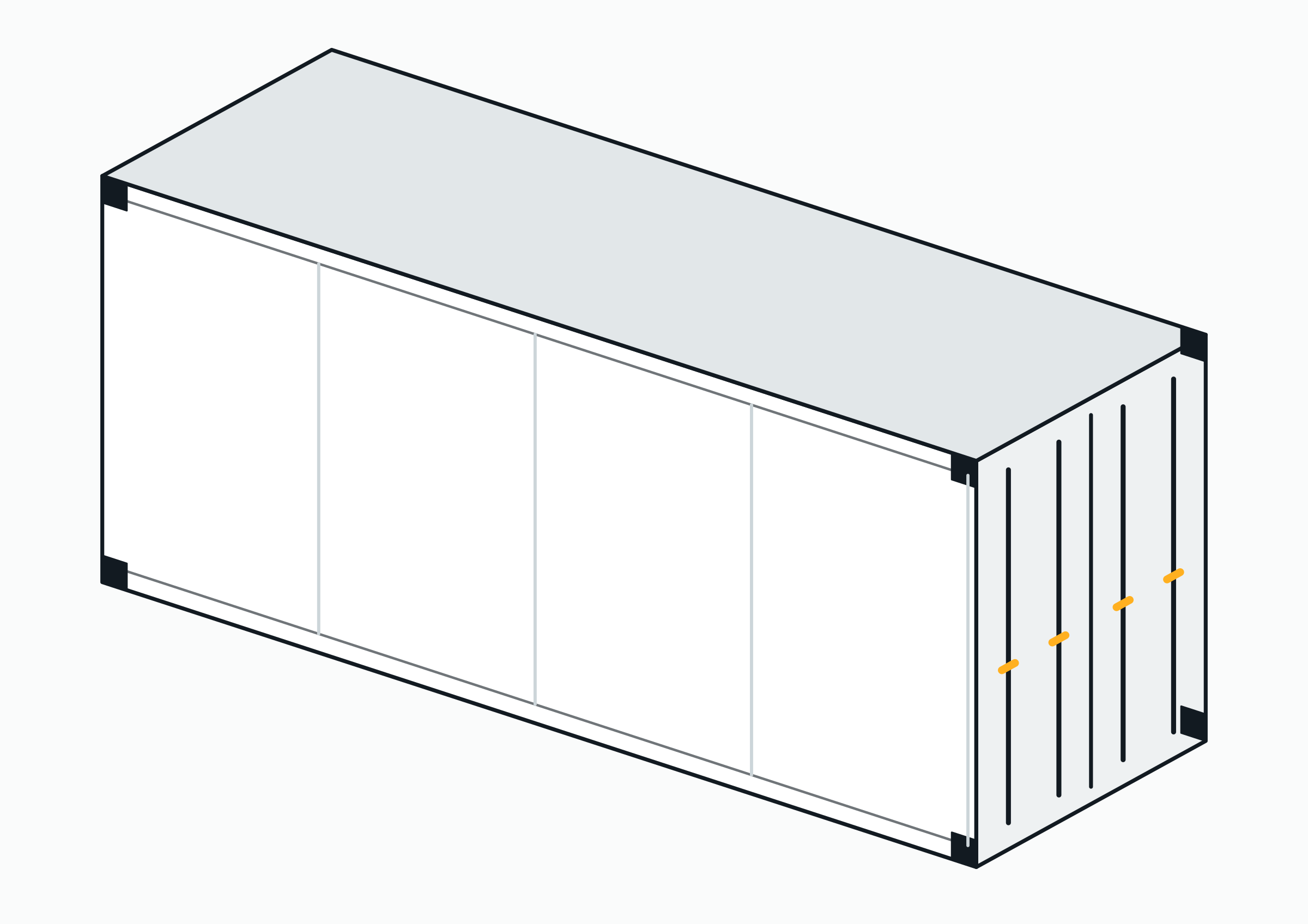 Dibujo isométrico de un contenedor isotérmico: una caja blanca de paredes lisas con puertas y sin equipo de frío.