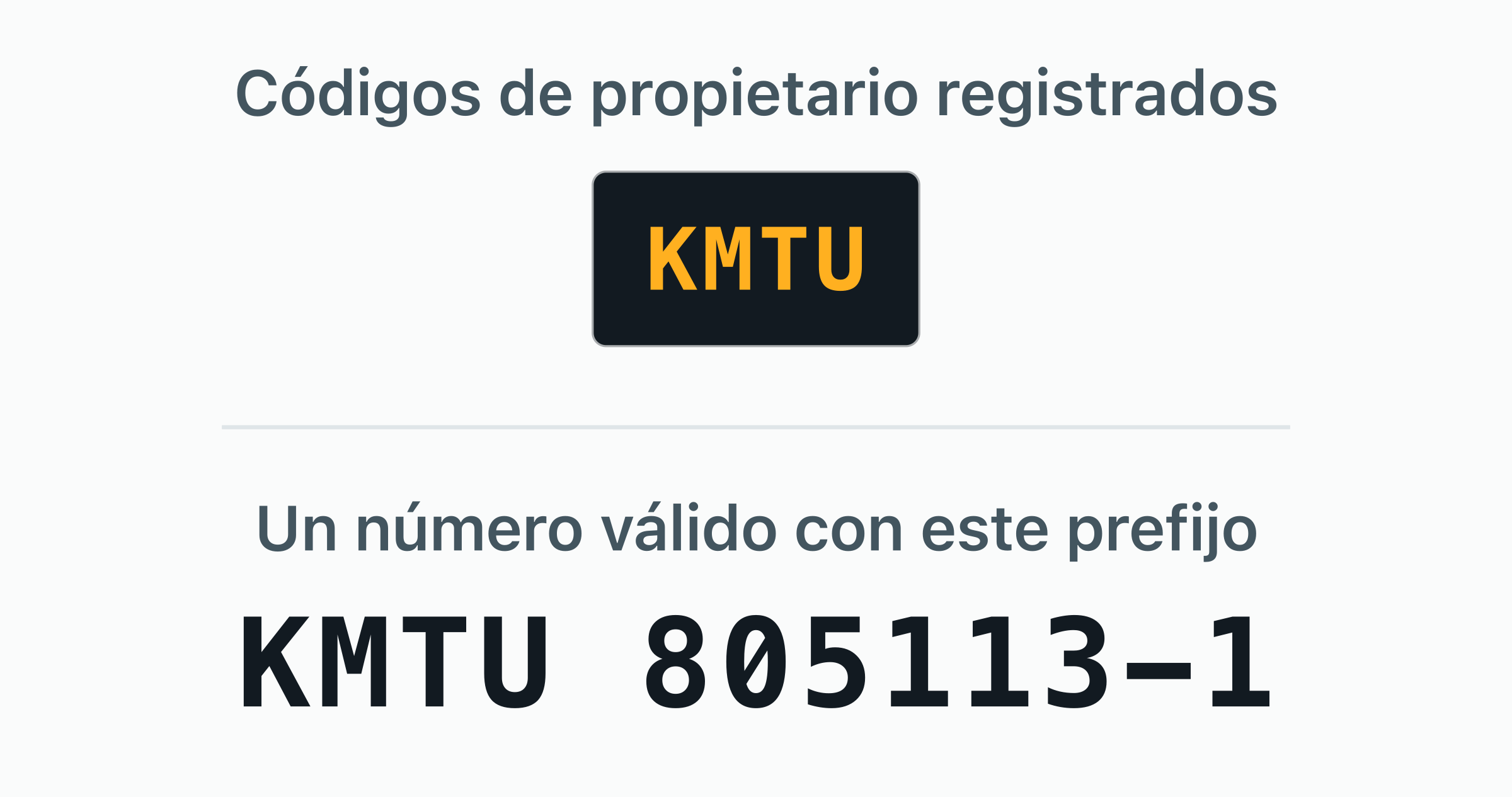 El código de propietario BIC registrado a nombre de KMTC — KMTU — como placas de puerta.