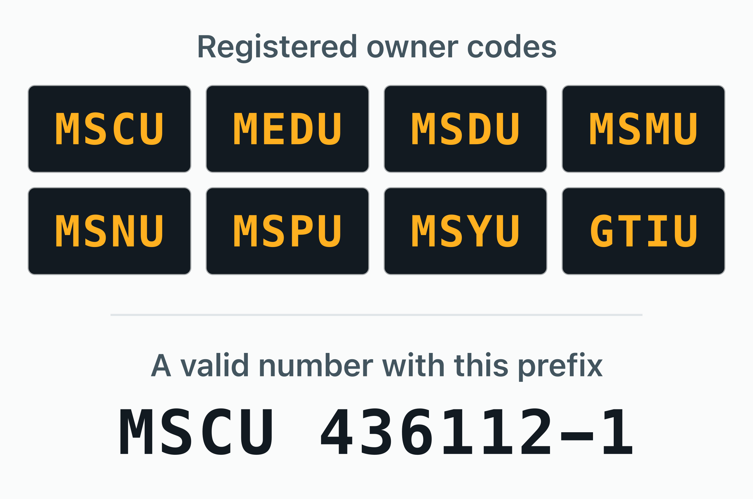 The 8 BIC owner codes registered to MSC — MSCU, MEDU, MSDU, MSMU, MSNU, MSPU, MSYU, GTIU — shown as door plates.
