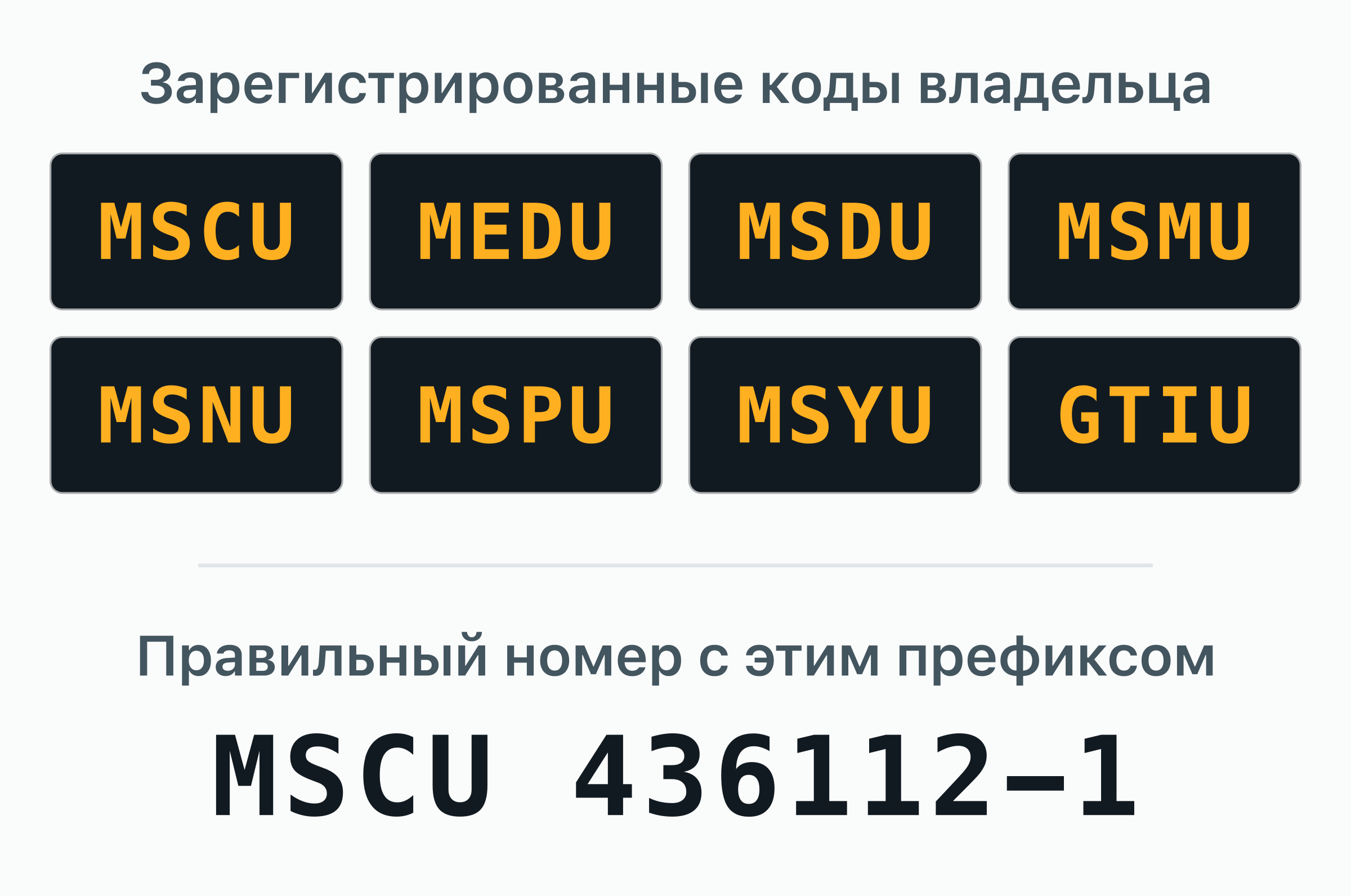 8 кодов владельца BIC, зарегистрированных за MSC — MSCU, MEDU, MSDU, MSMU, MSNU, MSPU, MSYU, GTIU.
