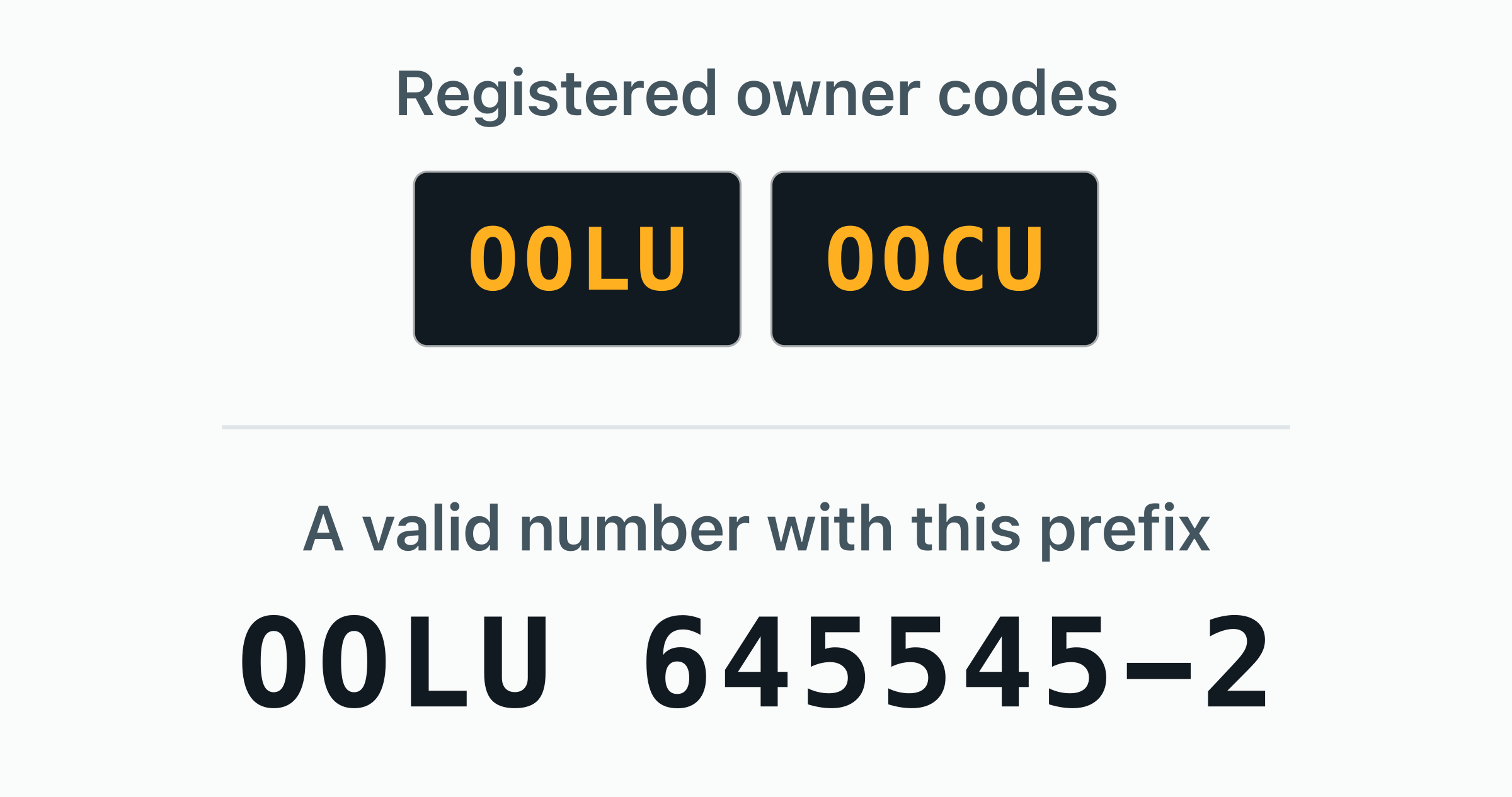 The 2 BIC owner codes registered to OOCL — OOLU, OOCU — shown as door plates.