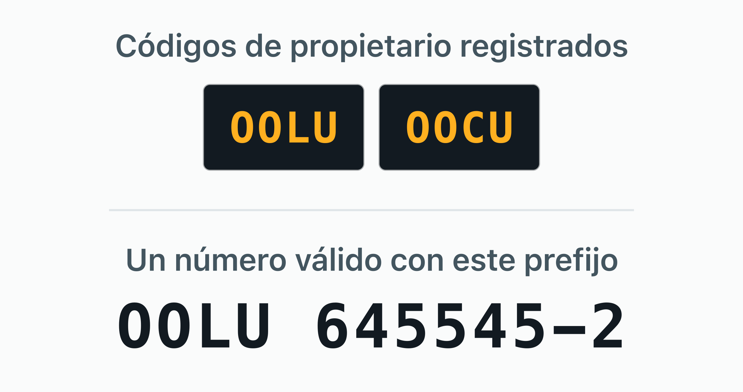 Los 2 códigos de propietario BIC registrados a nombre de OOCL — OOLU, OOCU — como placas de puerta.