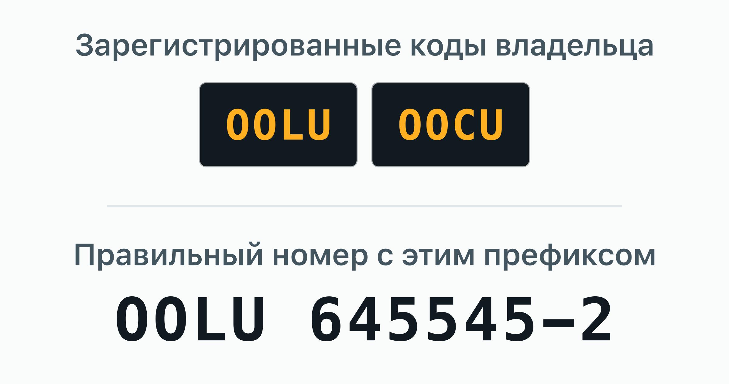 2 кода владельца BIC, зарегистрированных за OOCL — OOLU, OOCU, — показаны дверными табличками.