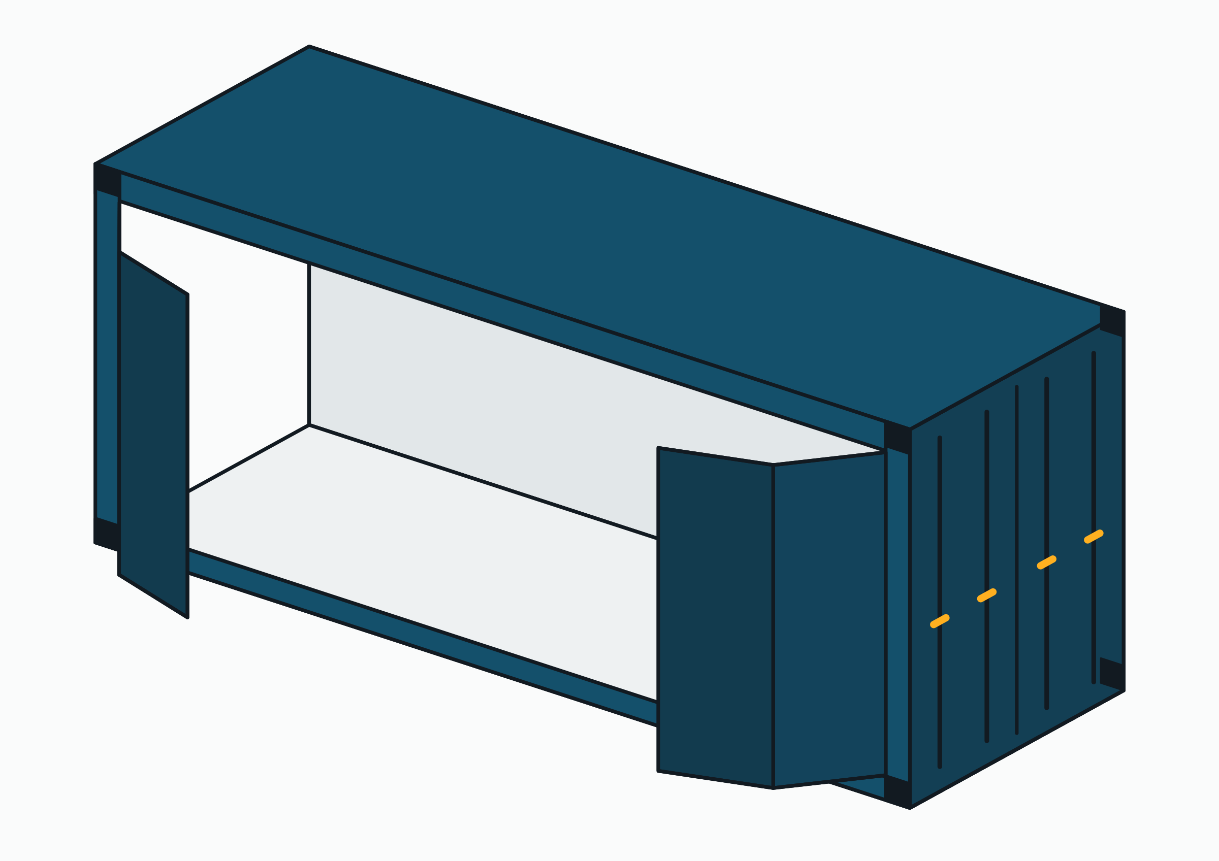 Isometric drawing of a open side container: a dry box whose long side folds open on bi-fold doors.