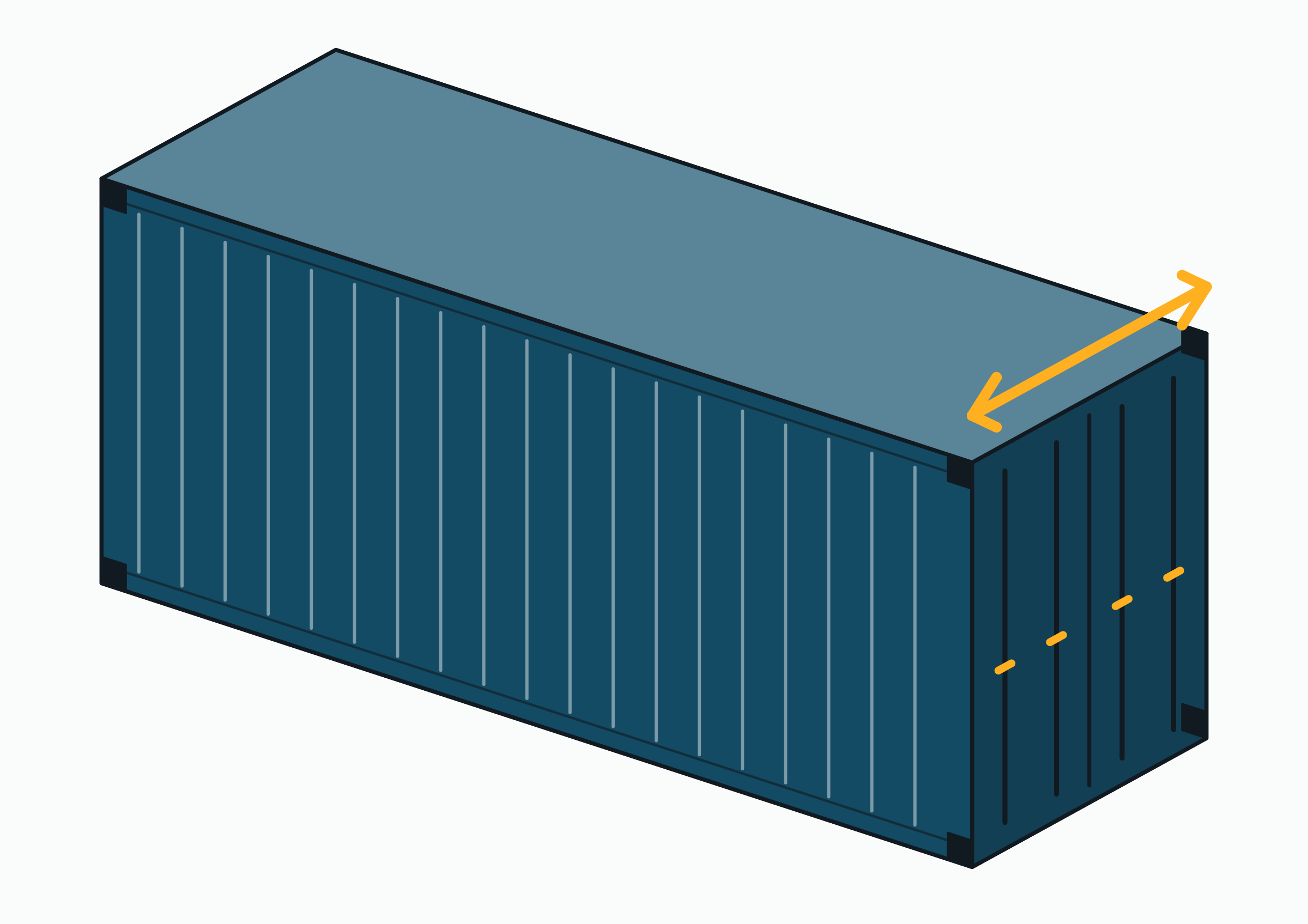 Dessin isométrique d’un conteneur pallet-wide : une caisse dry un peu plus large que la standard, la largeur en plus marquée.