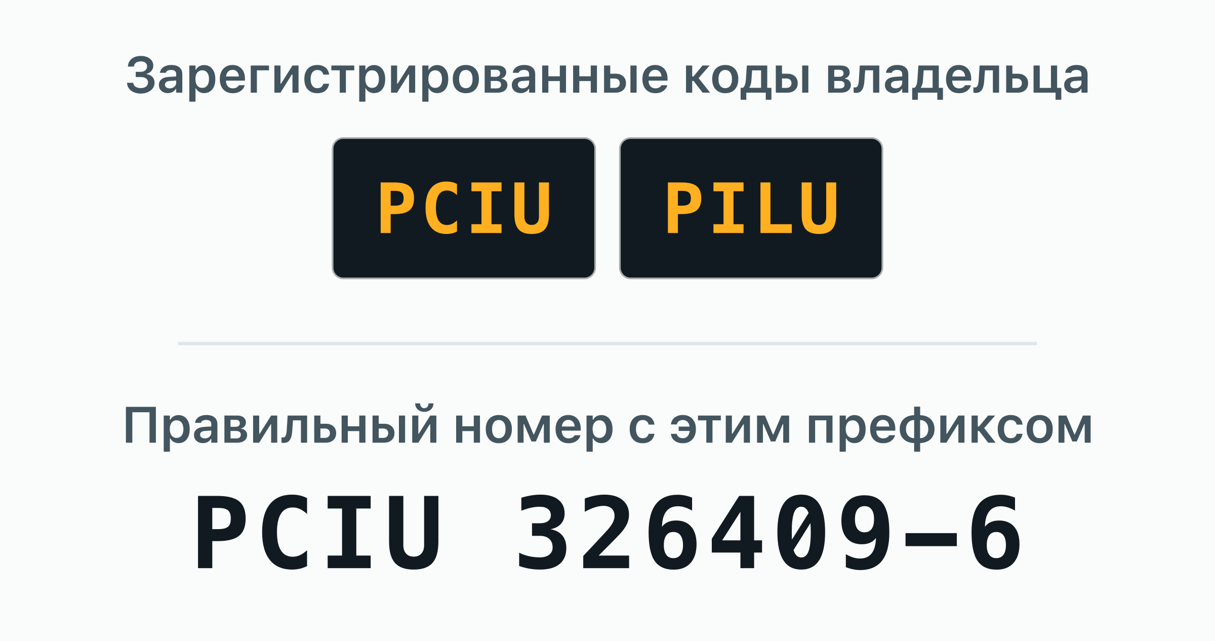 2 кода владельца BIC, зарегистрированных за PIL (Pacific International Lines) — PCIU, PILU, — показаны дверными табличками.