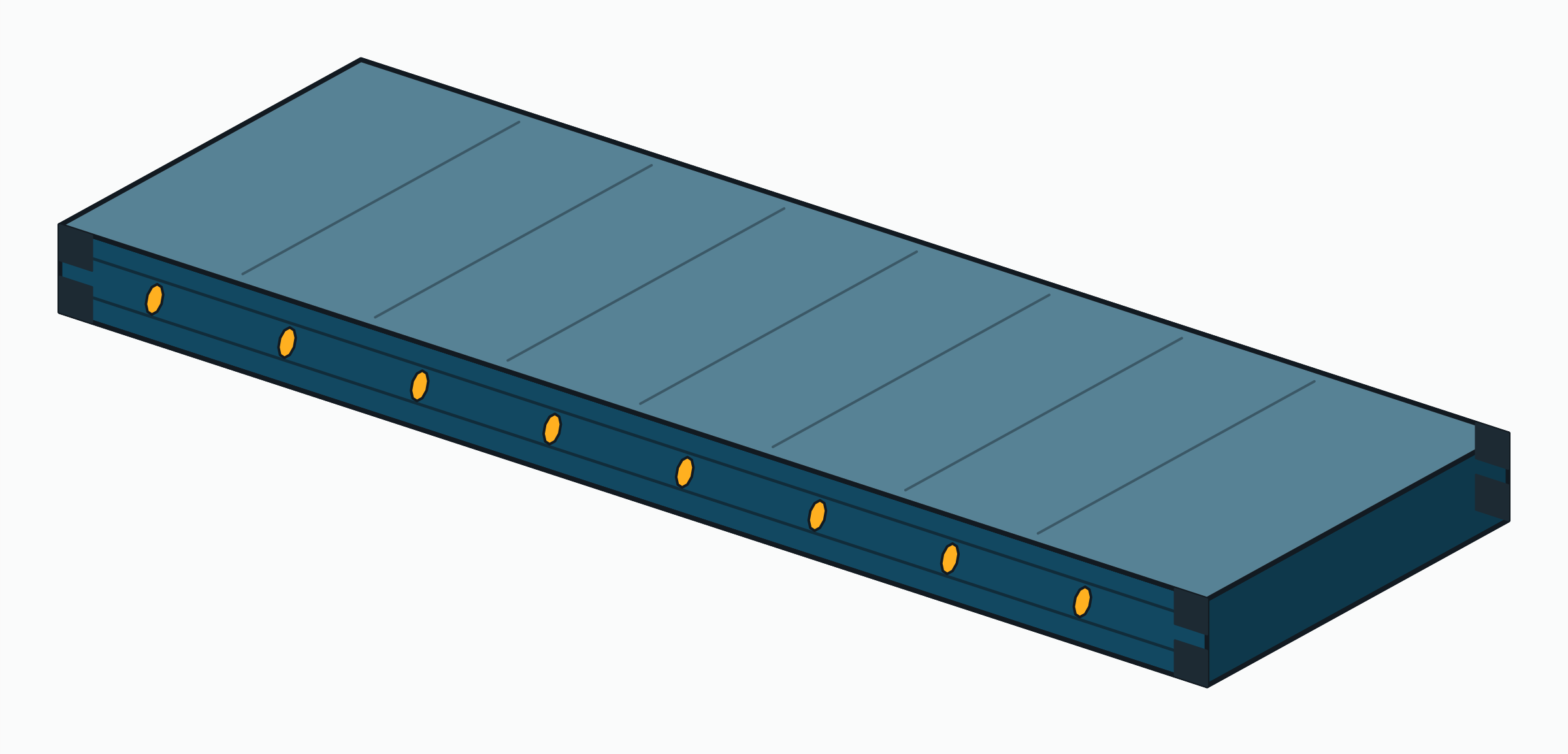 Drawing of a platform: a bare steel floor with corner castings and lashing rings.