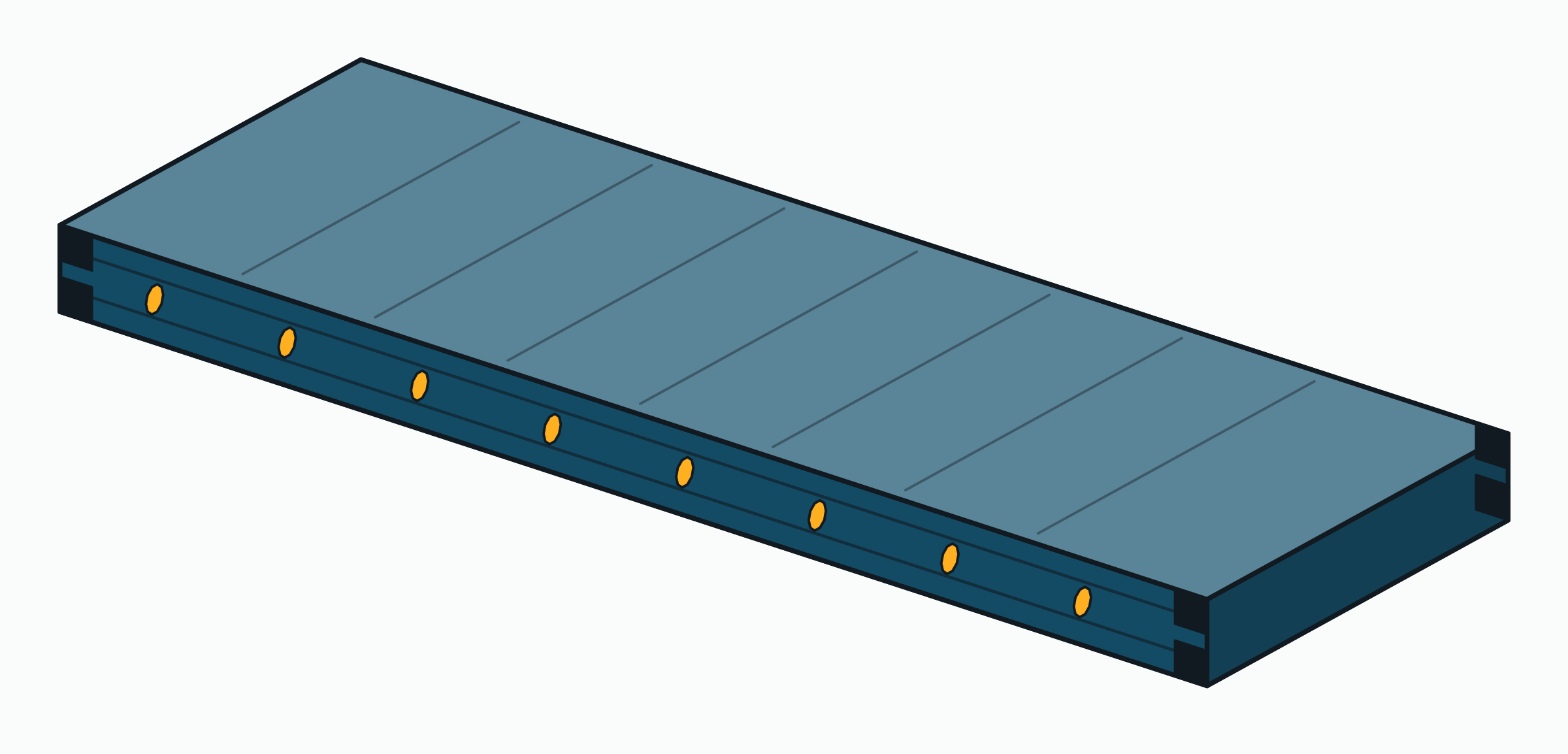 Dessin isométrique d’un plate-forme : un plancher d’acier nu avec pièces de coin et anneaux d’arrimage.