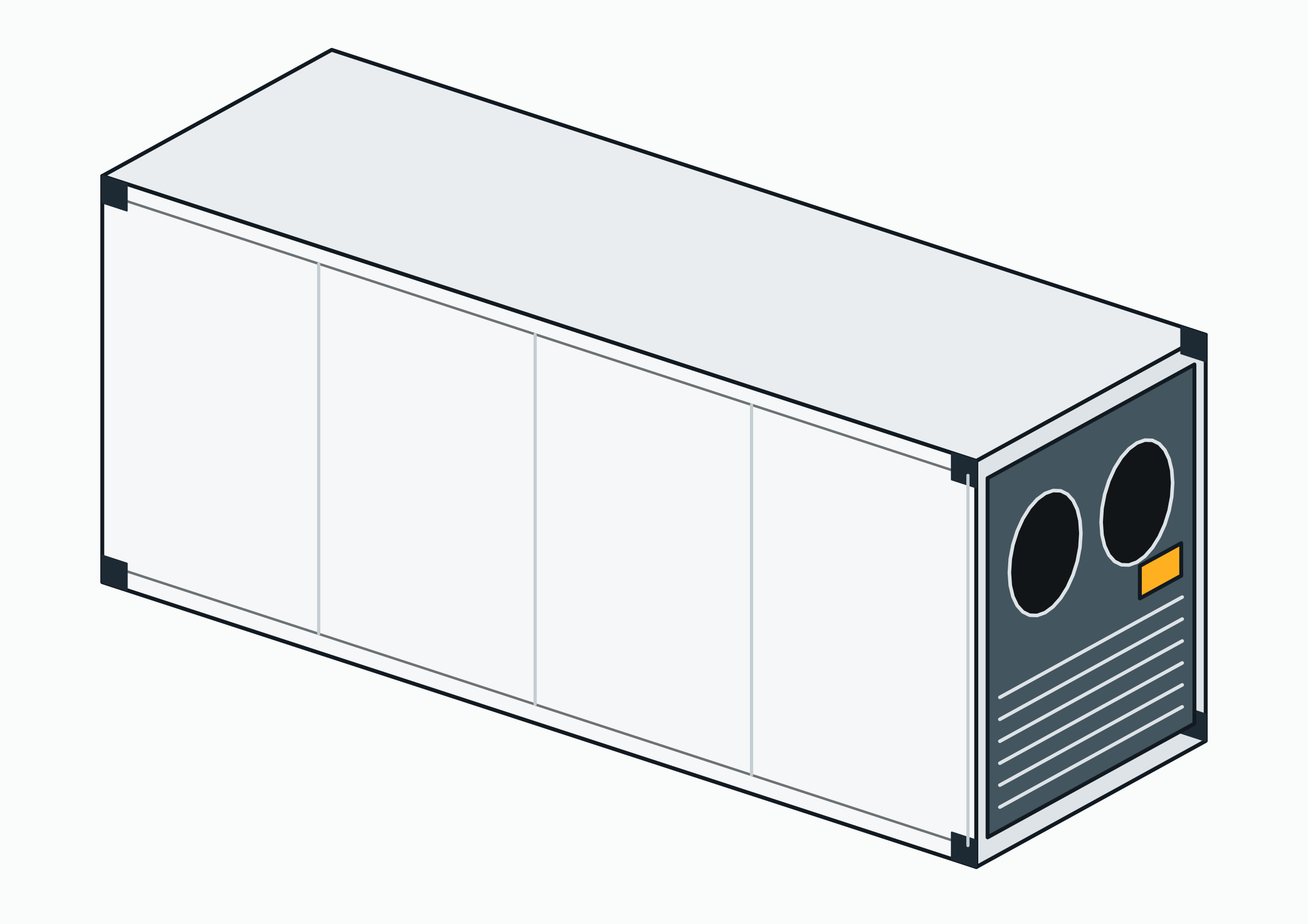 Dibujo de un contenedor refrigerado (reefer): una caja blanca aislada con el equipo de frío y sus ventiladores en el frontal.
