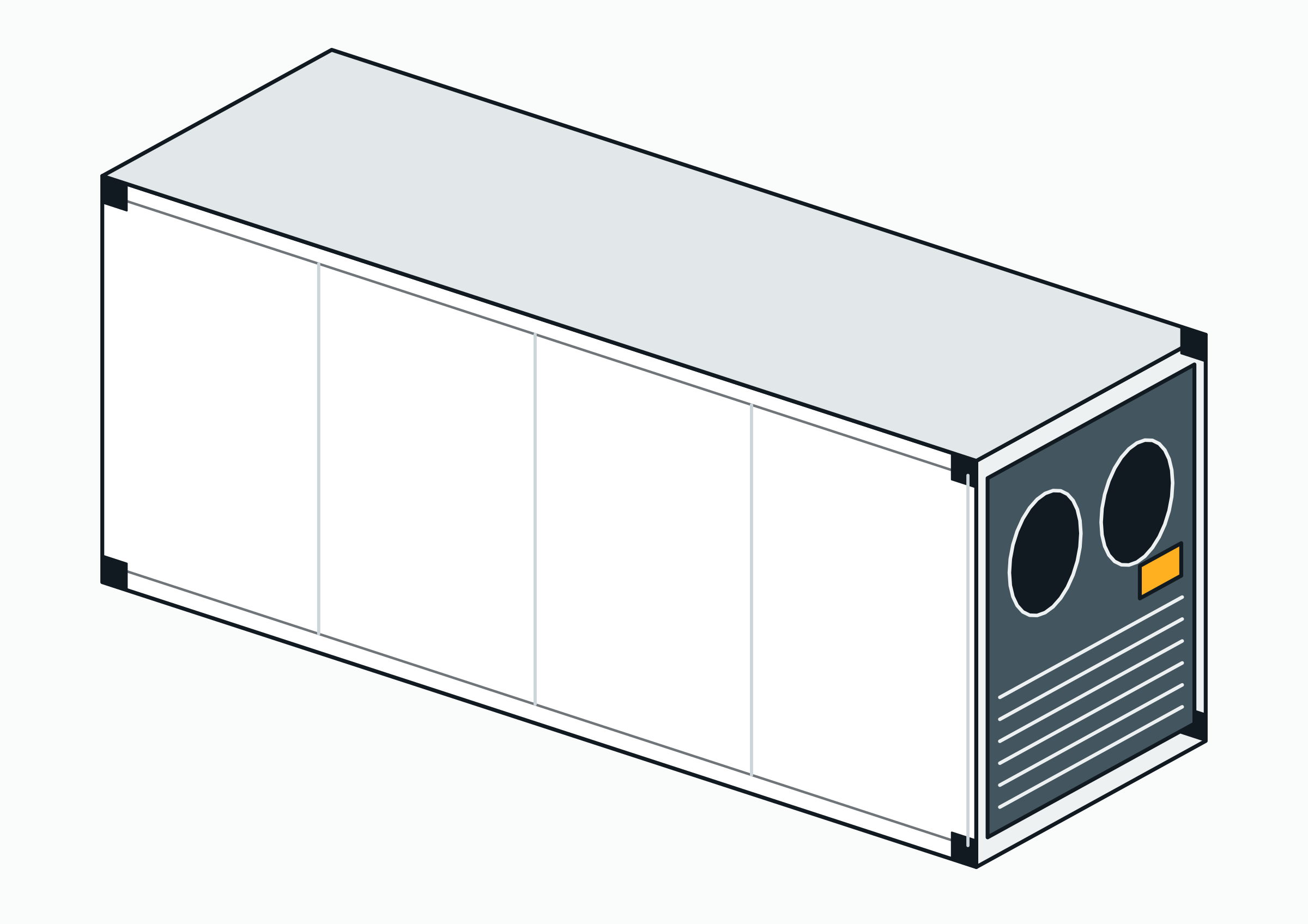 Dessin isométrique d’un conteneur frigorifique (reefer) : une caisse blanche isolée avec le groupe froid et ses ventilateurs dans la paroi frontale.