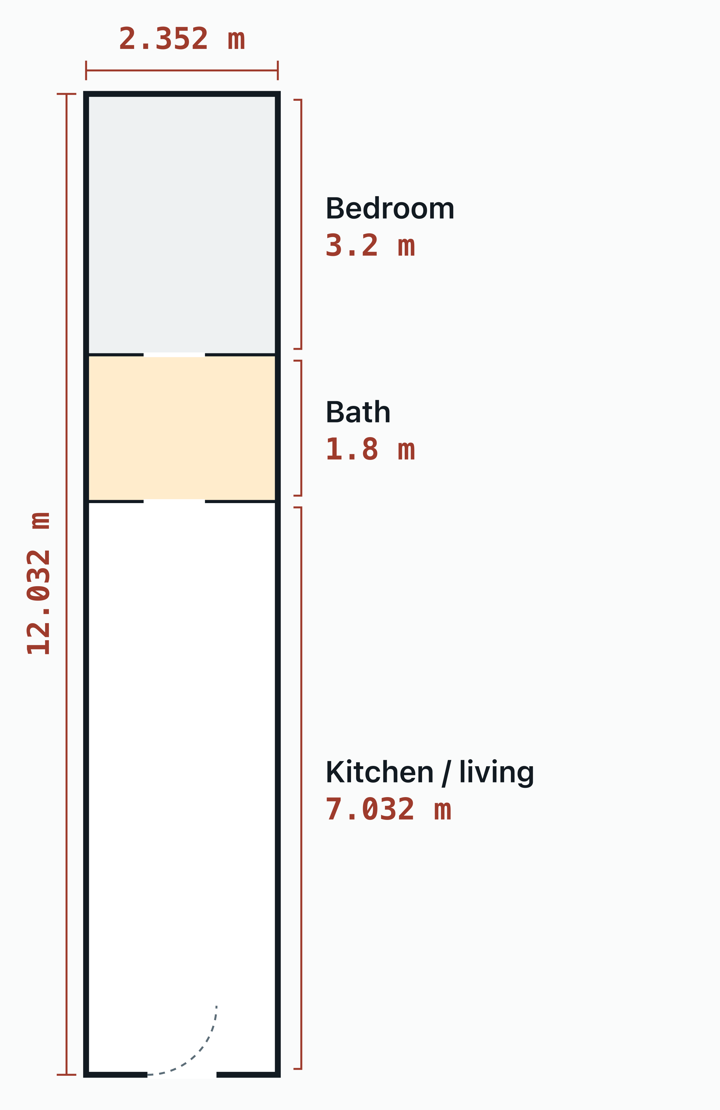 Top-view plan of an example home in one 40 ft high cube container, 12.032 m by 2.352 m inside, divided into a 3.2 m bedroom.