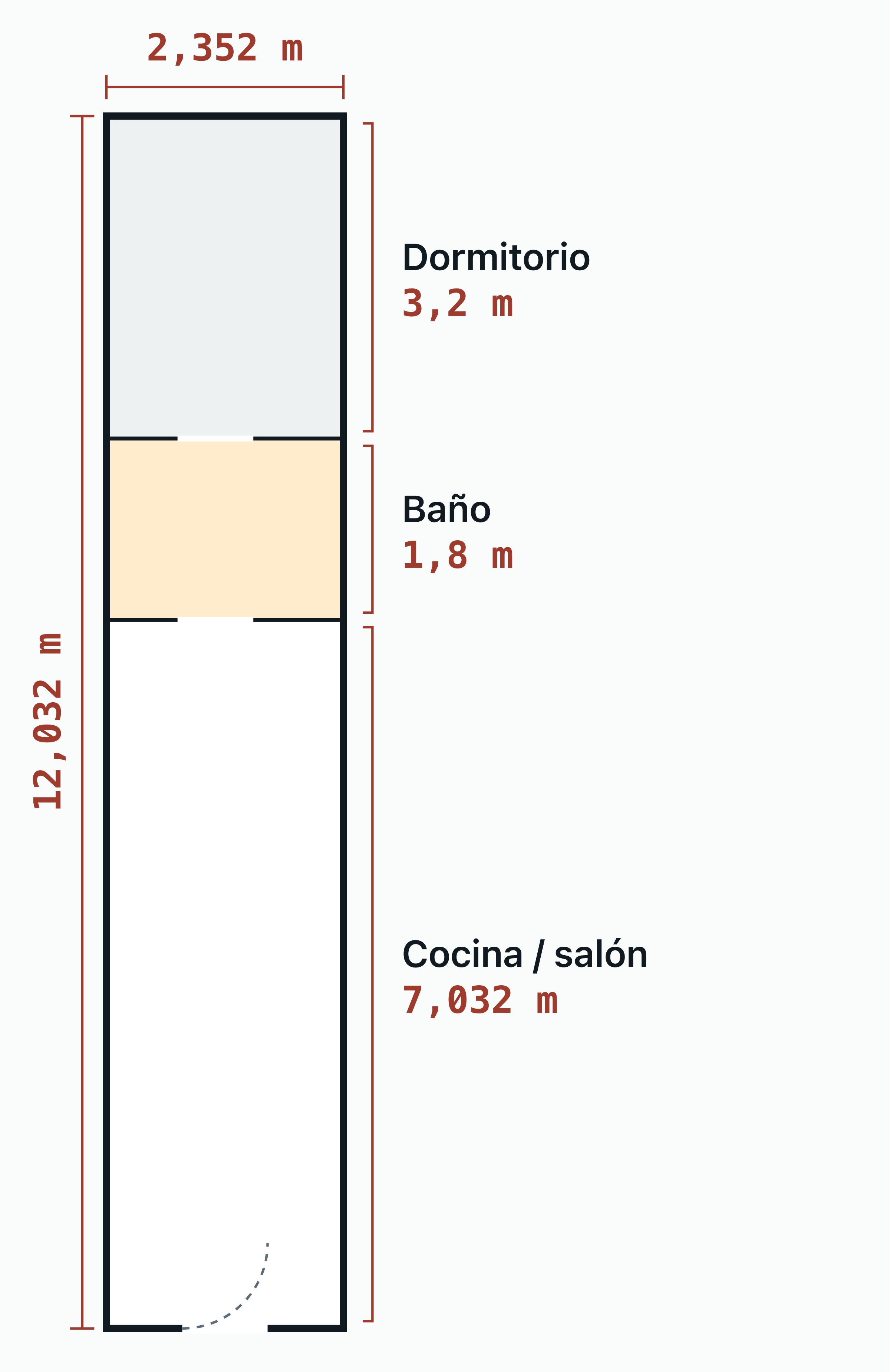 Plano en planta de una vivienda de ejemplo en un contenedor de 40 pies high cube, de 12,032 m por 2,352 m por dentro.