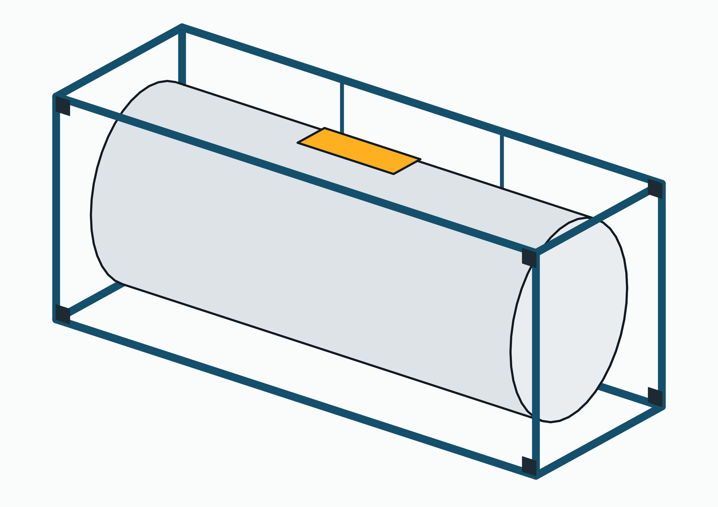 Drawing of a tank container: a steel cylinder held inside a 20 ft frame.