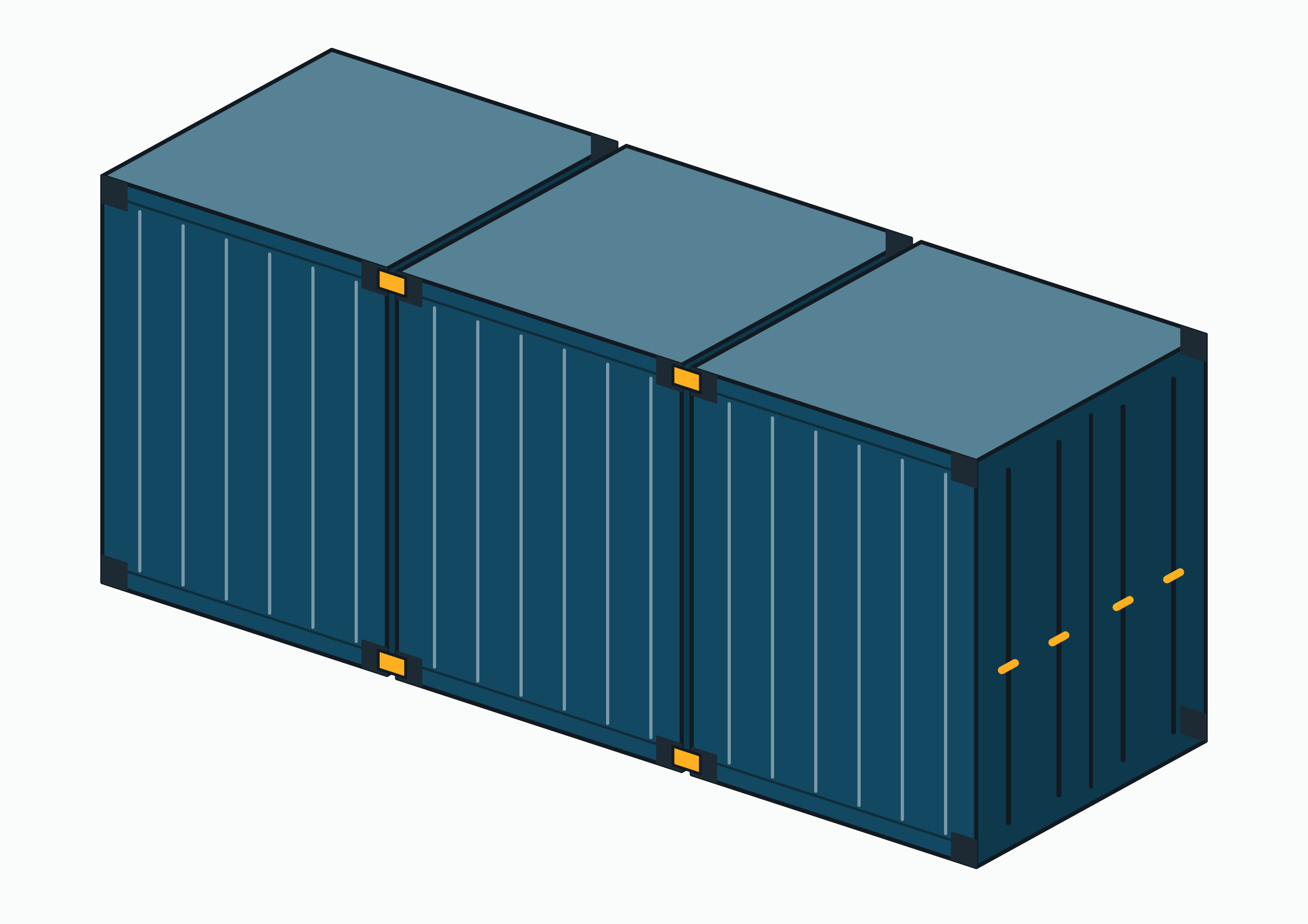 Drawing of a Tricon: three short boxes pinned together into one 20 ft length.