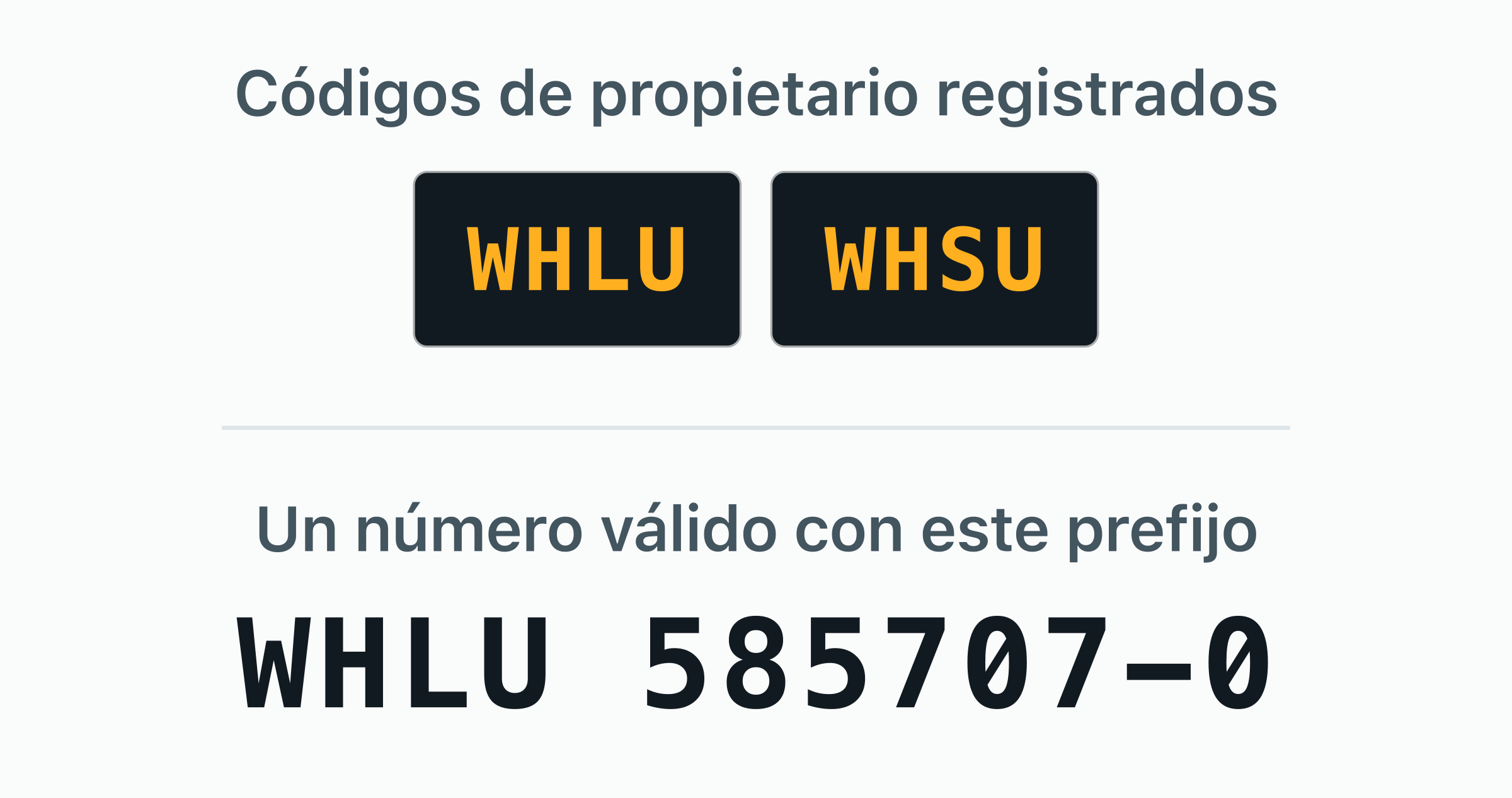Los 2 códigos de propietario BIC registrados a nombre de Wan Hai Lines — WHLU, WHSU — como placas de puerta.