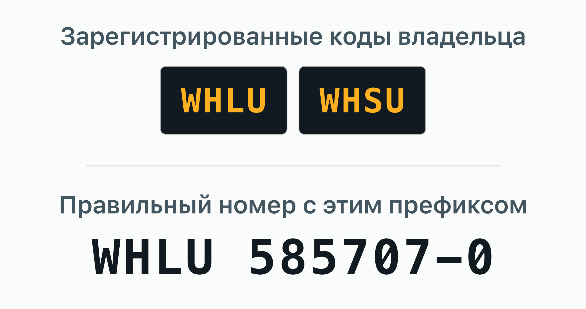 2 кода владельца BIC, зарегистрированных за Wan Hai Lines — WHLU, WHSU, — показаны дверными табличками.