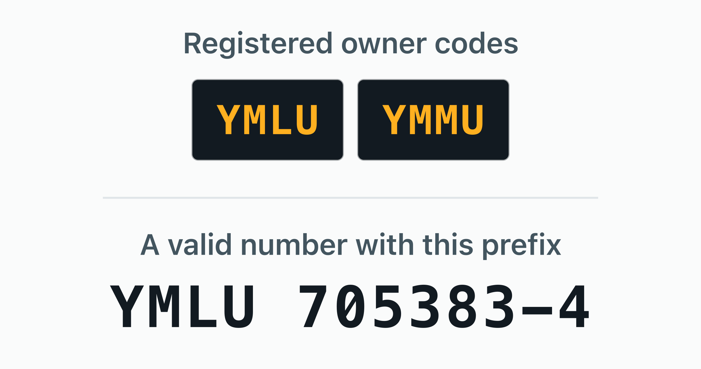 The 2 BIC owner codes registered to Yang Ming — YMLU, YMMU — shown as door plates.