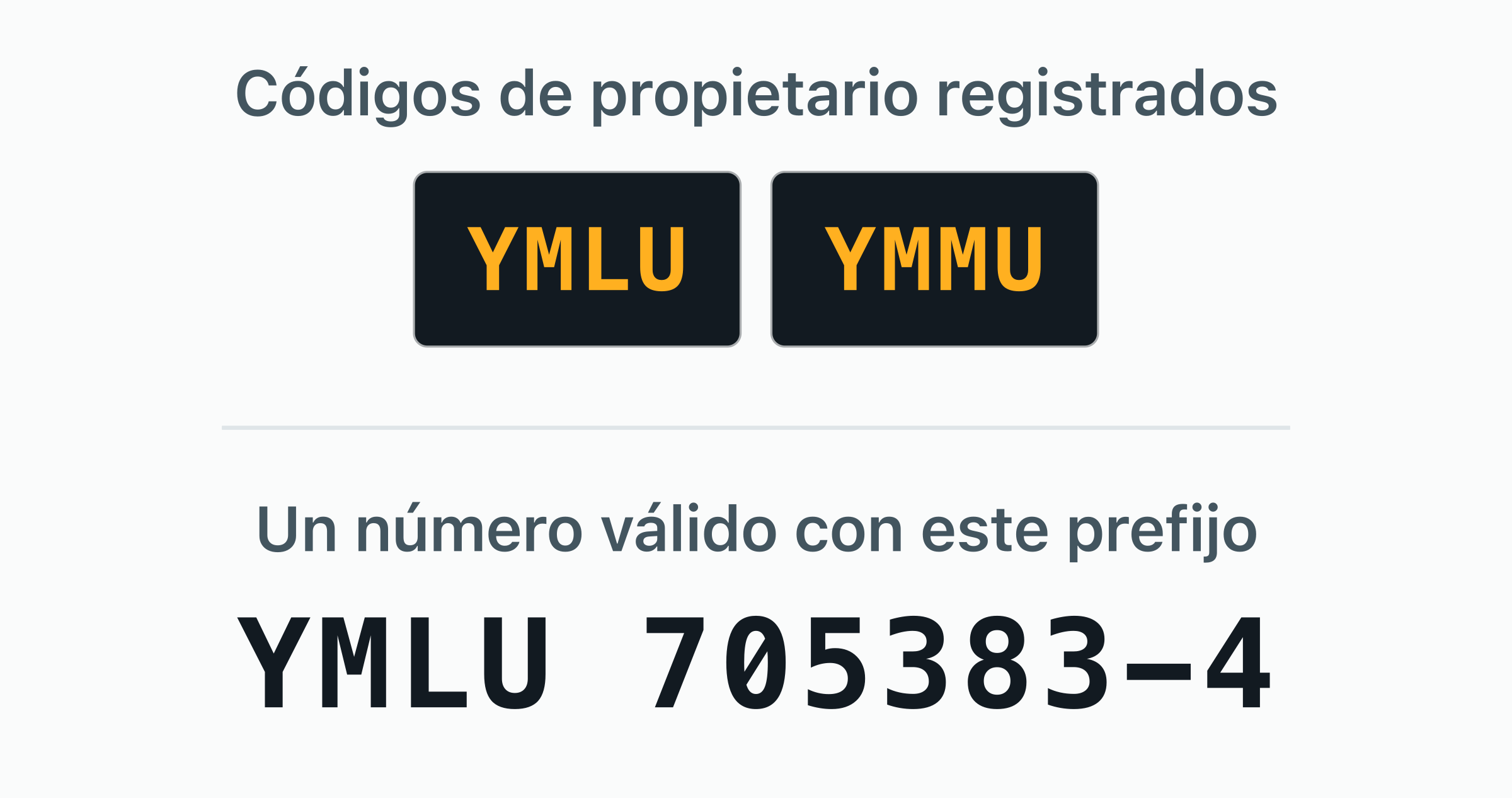 Los 2 códigos de propietario BIC registrados a nombre de Yang Ming — YMLU, YMMU — como placas de puerta.