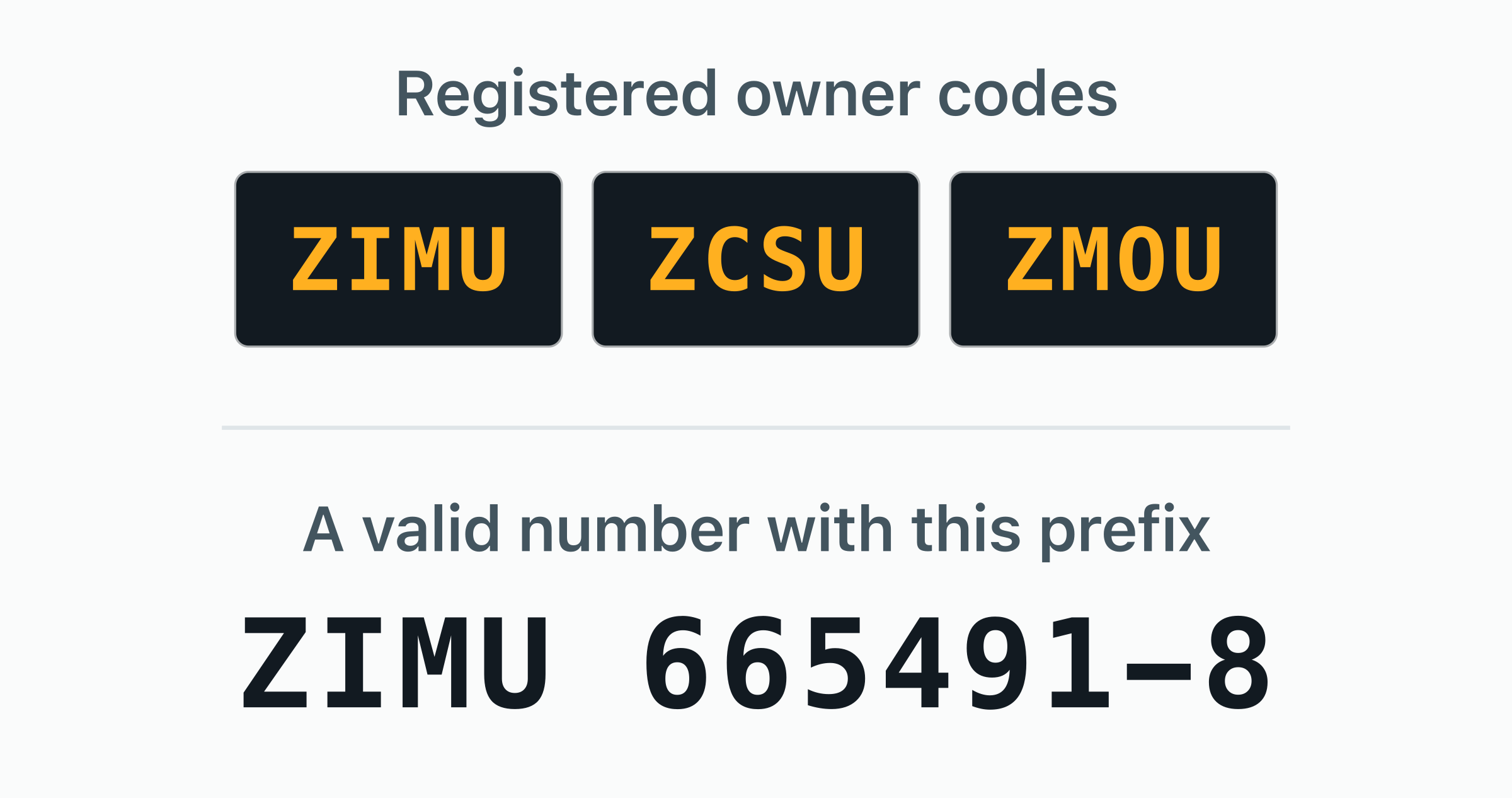 The 3 BIC owner codes registered to ZIM — ZIMU, ZCSU, ZMOU — shown as door plates.